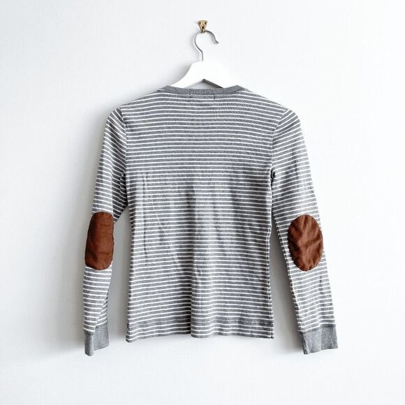 Lauren Ralph Lauren Women's Sweater Striped Faux Suede Elbow Patch Gray White Sm - Picture 2 of 8